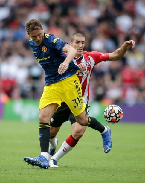 Oriol Romeu of Southampton closes down Nemanja Matic of Manchester United during the Premier League match between Southampton and Manchester United...