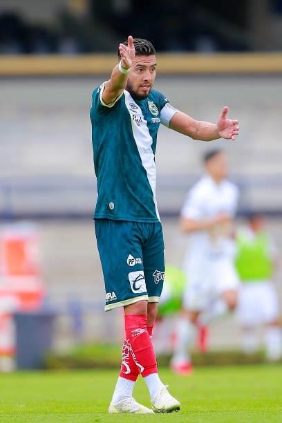 Javier Salas of Puebla reacts during the 6th round match between Pumas UNAM and Puebla as part of the Torneo Grita Mexico A21 Liga MX at Olimpico...