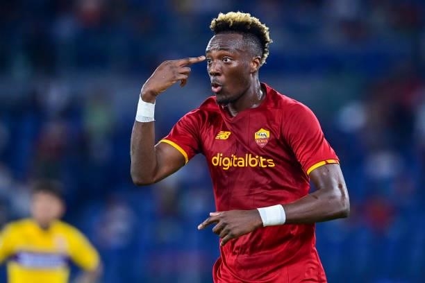 Tammy Abraham reacts during the Serie A match between AS Roma and ACF Fiorentina at Stadio Olimpico on August 22, 2021 in Rome, Italy.