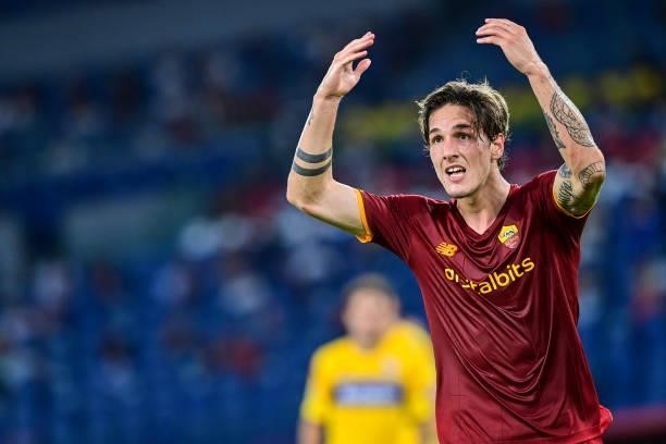 Nicolò Zaniolo reacts during the Serie A match between AS Roma and ACF Fiorentina at Stadio Olimpico on August 22, 2021 in Rome, Italy.
