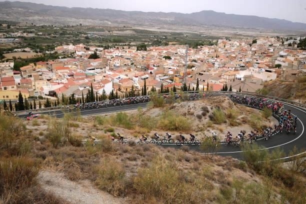 The peloton competes through Velefique village landscape during the 76th Tour of Spain 2021, Stage 9 a 188 km stage from Puerto Lumbreras to Alto de...