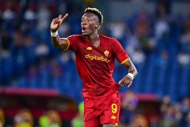 Tammy Abraham reacts during the Serie A match between AS Roma and ACF Fiorentina at Stadio Olimpico on August 22, 2021 in Rome, Italy.