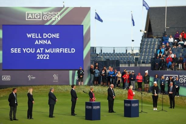 General view of the eighteenth green as champion, Anna Nordqvist of Sweden talks during the presentation ceremony during Day Four of the AIG Women's...