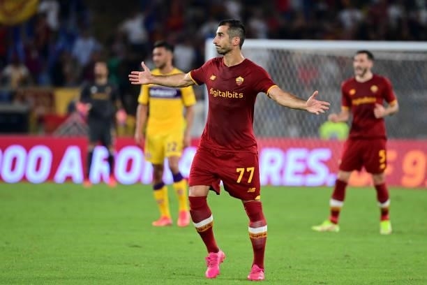Roma player Henrikh Mkitaryan celebrates during the Serie A match between AS Roma and ACF Fiorentina at Stadio Olimpico on August 22, 2021 in Rome,...