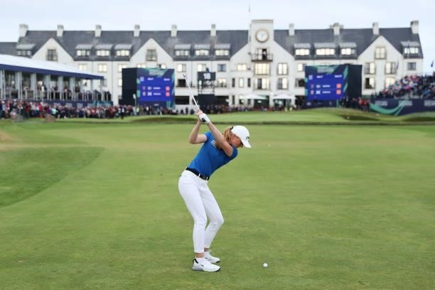 Louise Duncan of Scotland plays her third shot on the eighteenth hole during Day Four of the AIG Women's Open at Carnoustie Golf Links on August 22,...