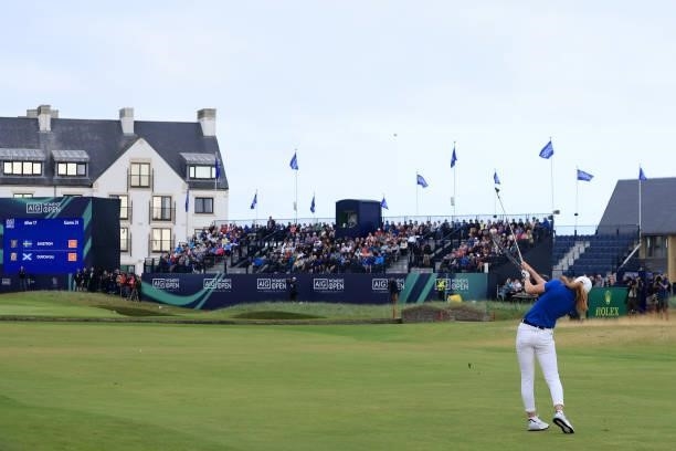 Louise Duncan of Scotland plays her third shot on the eighteenth hole during Day Four of the AIG Women's Open at Carnoustie Golf Links on August 22,...