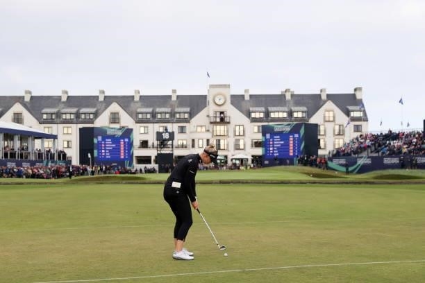Madelene Sagstrom of Sweden plays her third shot on the eighteenth hole during Day Four of the AIG Women's Open at Carnoustie Golf Links on August...