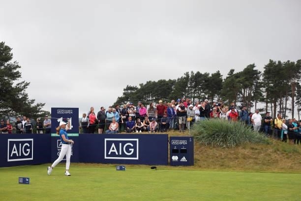 Louise Duncan of Scotland tees off on the fourteenth hole during Day Four of the AIG Women's Open at Carnoustie Golf Links on August 22, 2021 in...