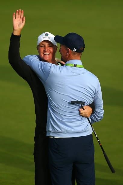 Champion, Anna Nordqvist of Sweden is congratulated by husband, Kevin McAlpine during Day Four of the AIG Women's Open at Carnoustie Golf Links on...