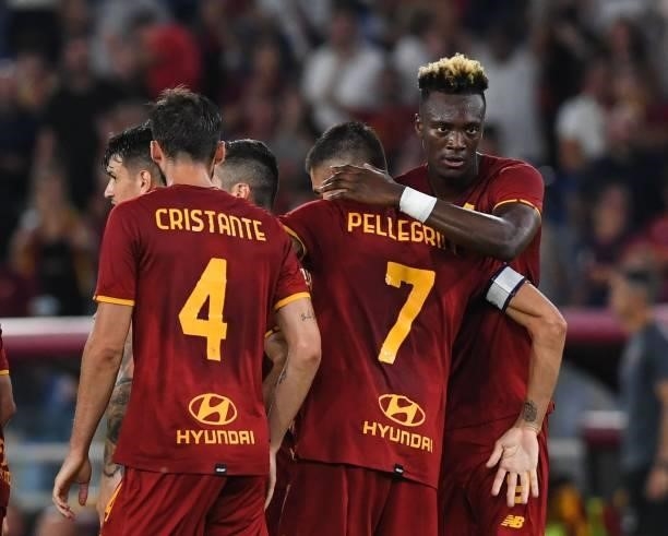 Tammy Abraham of AS Roma celebrates with teammate Lorenzo Pellegrini after scoring a goal to make it 1-0 during the Serie A match between AS Roma v...
