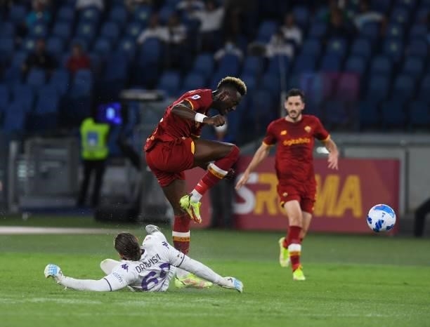Tammy Abraham gets fouled by last man from Bartolomiej Dragowski who takes a red card during the Serie A match between AS Roma v ACF Fiorentina at...