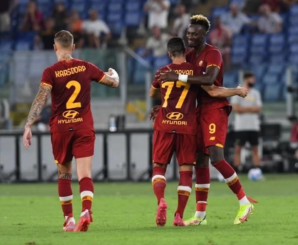 Henrikh Mkhitaryan of AS Roma celebrates with teammate Tammy Abraham after scoring a goal to make it 1-0 during the Serie A match between AS Roma v...