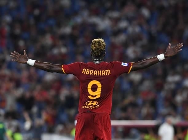 Tammy Abraham celebrates after the goal 1-0 scored by Henrikh Mkhitaryan during the Serie A match between AS Roma v ACF Fiorentina at Stadio Olimpico...
