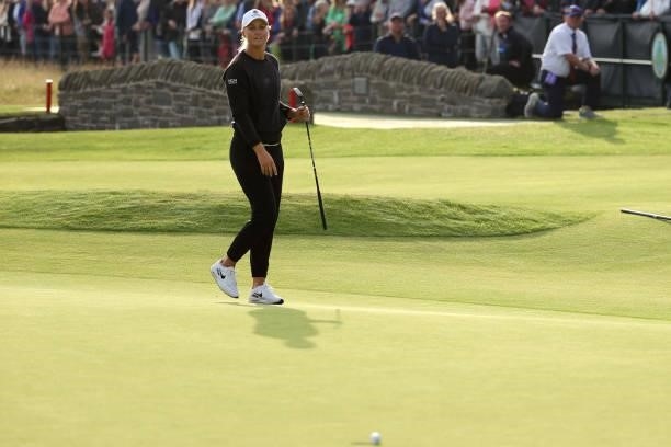 Anna Nordqvist of Sweden looks on as her birdie putt narrowly misses the hole on the eighteenth green during Day Four of the AIG Women's Open at...