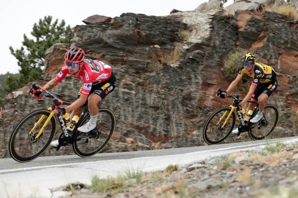 Primoz Roglic of Slovenia red leader jersey and Sepp Kuss of United States and Team Jumbo - Visma compete during the 76th Tour of Spain 2021, Stage 9...