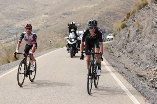Rafal Majka of Poland and UAE Team Emirates and Romain Bardet of France and Team DSM compete during the 76th Tour of Spain 2021, Stage 9 a 188 km...