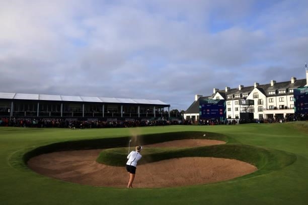 Nanna Koerstz Madsen of Denmark plays a bunker shot on the eighteenth hole during Day Four of the AIG Women's Open at Carnoustie Golf Links on August...