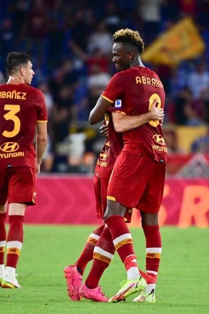 Roma players Henrikh Mkhitaryan and Tammy Abraham celebrate during the Serie A match between AS Roma and ACF Fiorentina at Stadio Olimpico on August...