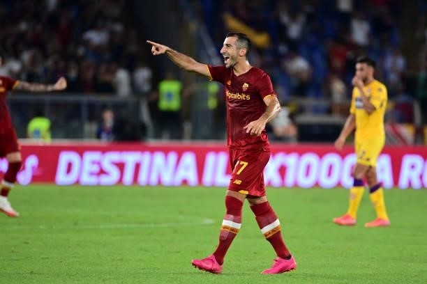 Roma player Henrikh Mkhitaryan celebrates during the Serie A match between AS Roma and ACF Fiorentina at Stadio Olimpico on August 22, 2021 in Rome,...