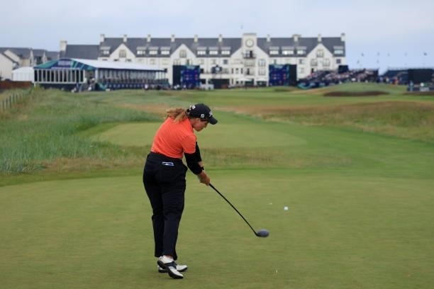 Leonie Harm of Germany tees off on the eighteenth hole during Day Four of the AIG Women's Open at Carnoustie Golf Links on August 22, 2021 in...