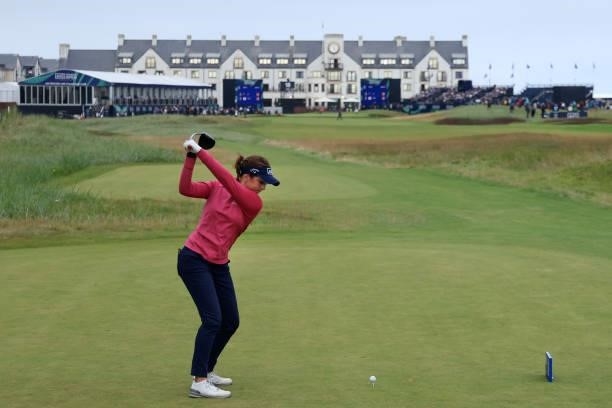 Georgia Hall of England tees off on the eighteenth hole during Day Four of the AIG Women's Open at Carnoustie Golf Links on August 22, 2021 in...