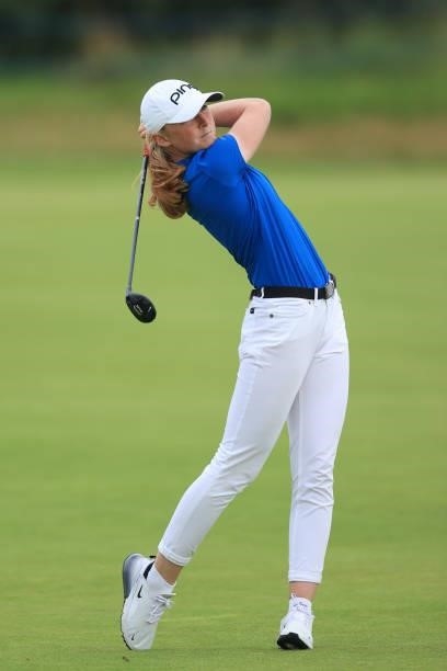 Louise Duncan of Scotland plays her second shot on the seventeenth hole during Day Four of the AIG Women's Open at Carnoustie Golf Links on August...
