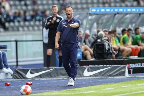 Pal Dardai, Head Coach of Hertha Berlin reacts during the Bundesliga match between Hertha BSC and VfL Wolfsburg at Olympiastadion on August 21, 2021...