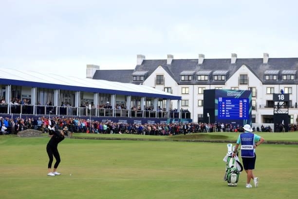Madelene Sagstrom of Sweden plays her third shot on the eighteenth hole during Day Four of the AIG Women's Open at Carnoustie Golf Links on August...