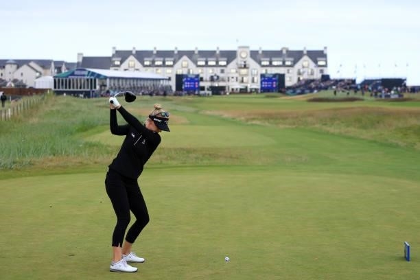 Madelene Sagstrom of Sweden tees off on the eighteenth hole during Day Four of the AIG Women's Open at Carnoustie Golf Links on August 22, 2021 in...