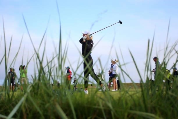 Anna Nordqvist of Sweden tees off on the eighteenth hole during Day Four of the AIG Women's Open at Carnoustie Golf Links on August 22, 2021 in...