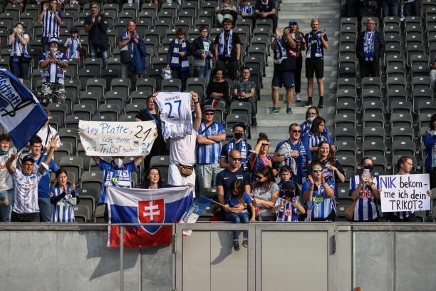 Fans of Hertha Berlin during the Bundesliga match between Hertha BSC and VfL Wolfsburg at Olympiastadion on August 21, 2021 in Berlin, Germany.