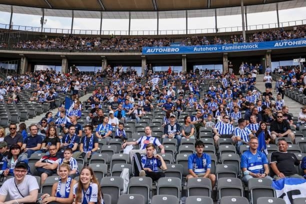 Fans of Hertha Berlin during the Bundesliga match between Hertha BSC and VfL Wolfsburg at Olympiastadion on August 21, 2021 in Berlin, Germany.