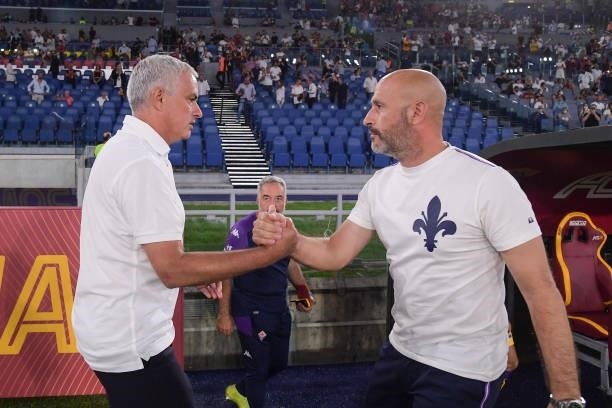 Roma coach Josè Mourinho and ACF Fiorentina coach Vincenzo Italiano before the Serie A match between AS Roma and ACF Fiorentina at Stadio Olimpico on...