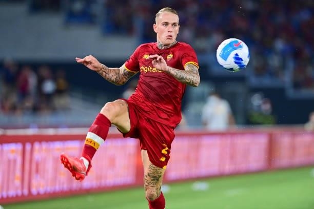 Rick Karsdorp in action during the Serie A match between AS Roma and ACF Fiorentina at Stadio Olimpico on August 22, 2021 in Rome, Italy.