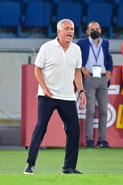 Roma coach Josè Mourinho reacts during the Serie A match between AS Roma and ACF Fiorentina at Stadio Olimpico on August 22, 2021 in Rome, Italy.
