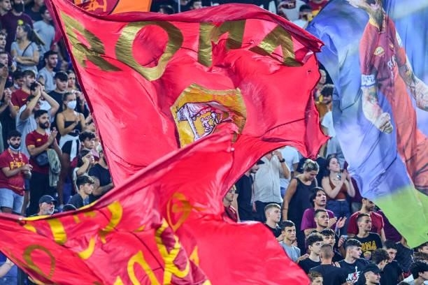 Roma fan during the Serie A match between AS Roma and ACF Fiorentina at Stadio Olimpico on August 22, 2021 in Rome, Italy.