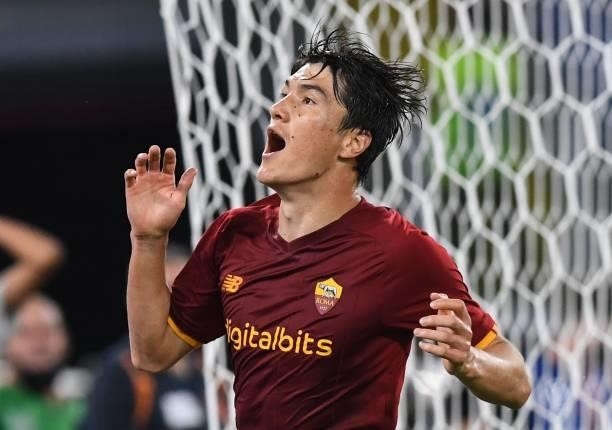 Eldor Shomurodov of AS Roma reacts after missing a chance to score during the Serie A match between AS Roma v ACF Fiorentina at Stadio Olimpico on...