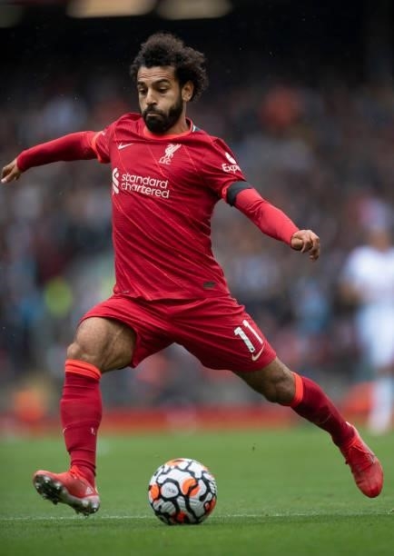 Mohamed Salah of Liverpool in action during the Premier League match between Liverpool and Burnley at Anfield on August 21, 2021 in Liverpool,...