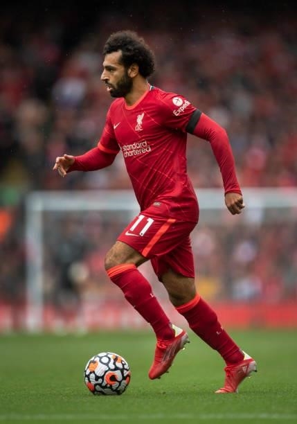 Mohamed Salah of Liverpool in action during the Premier League match between Liverpool and Burnley at Anfield on August 21, 2021 in Liverpool,...
