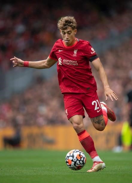 Konstantinos Tsimikas of Liverpool in action during the Premier League match between Liverpool and Burnley at Anfield on August 21, 2021 in...