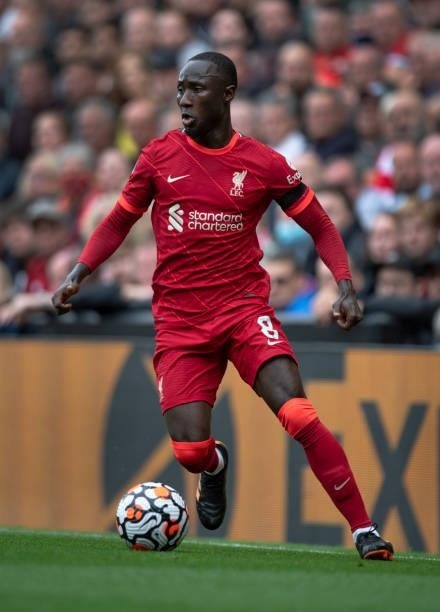 Naby Keïta of Liverpool in action during the Premier League match between Liverpool and Burnley at Anfield on August 21, 2021 in Liverpool, England.