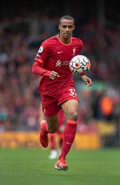 Joel Matip of Liverpool in action during the Premier League match between Liverpool and Burnley at Anfield on August 21, 2021 in Liverpool, England.