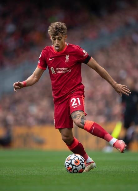 Konstantinos Tsimikas of Liverpool in action during the Premier League match between Liverpool and Burnley at Anfield on August 21, 2021 in...