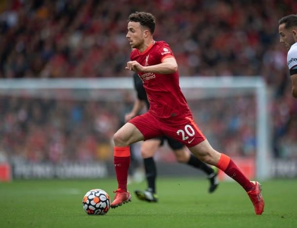 Diogo Jota of Liverpool in action during the Premier League match between Liverpool and Burnley at Anfield on August 21, 2021 in Liverpool, England.