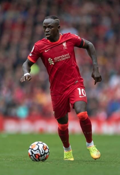 Sadio Mané of Liverpool in action during the Premier League match between Liverpool and Burnley at Anfield on August 21, 2021 in Liverpool, England.