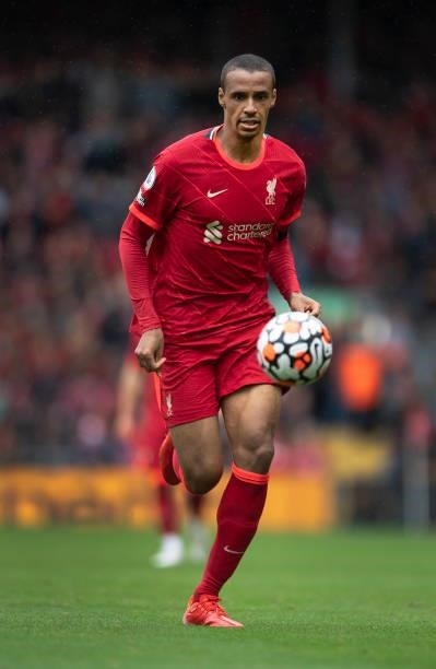 Joel Matip of Liverpool in action during the Premier League match between Liverpool and Burnley at Anfield on August 21, 2021 in Liverpool, England.