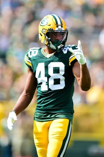 Kabion Ento of the Green Bay Packers in action against the New York Jets in the first half of a preseason game at Lambeau Field on August 21, 2021 in...
