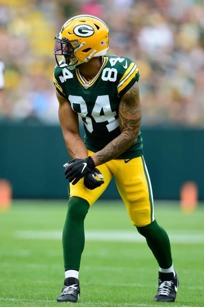 Reggie Begelton of the Green Bay Packers in action against the New York Jets in the first half of a preseason game at Lambeau Field on August 21,...