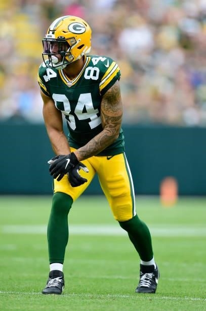 Reggie Begelton of the Green Bay Packers in action against the New York Jets in the first half of a preseason game at Lambeau Field on August 21,...