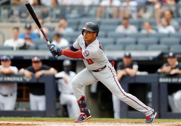 Jorge Polanco of the Minnesota Twins in action against the New York Yankees at Yankee Stadium on August 21, 2021 in New York City. The Yankees...